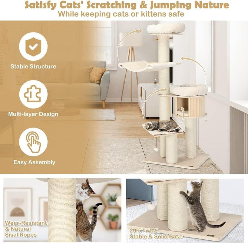 Costway - 4-Layer 68.5 Inch Wooden Cat Tree Condo Activity Tower with Sisal Posts,Multi-Level Large Cat Tower W/Cat Condo, Hammocks & Hanging Basket, Tall Cat Tree W/Sisal Posts, Washable Cushions, Wood Cat Trees and Towers for Indoor Large Cats