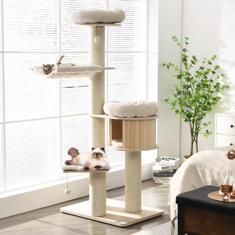 Costway - 4-Layer 68.5 Inch Wooden Cat Tree Condo Activity Tower with Sisal Posts,Multi-Level Large Cat Tower W/Cat Condo, Hammocks & Hanging Basket, Tall Cat Tree W/Sisal Posts, Washable Cushions, Wood Cat Trees and Towers for Indoor Large Cats